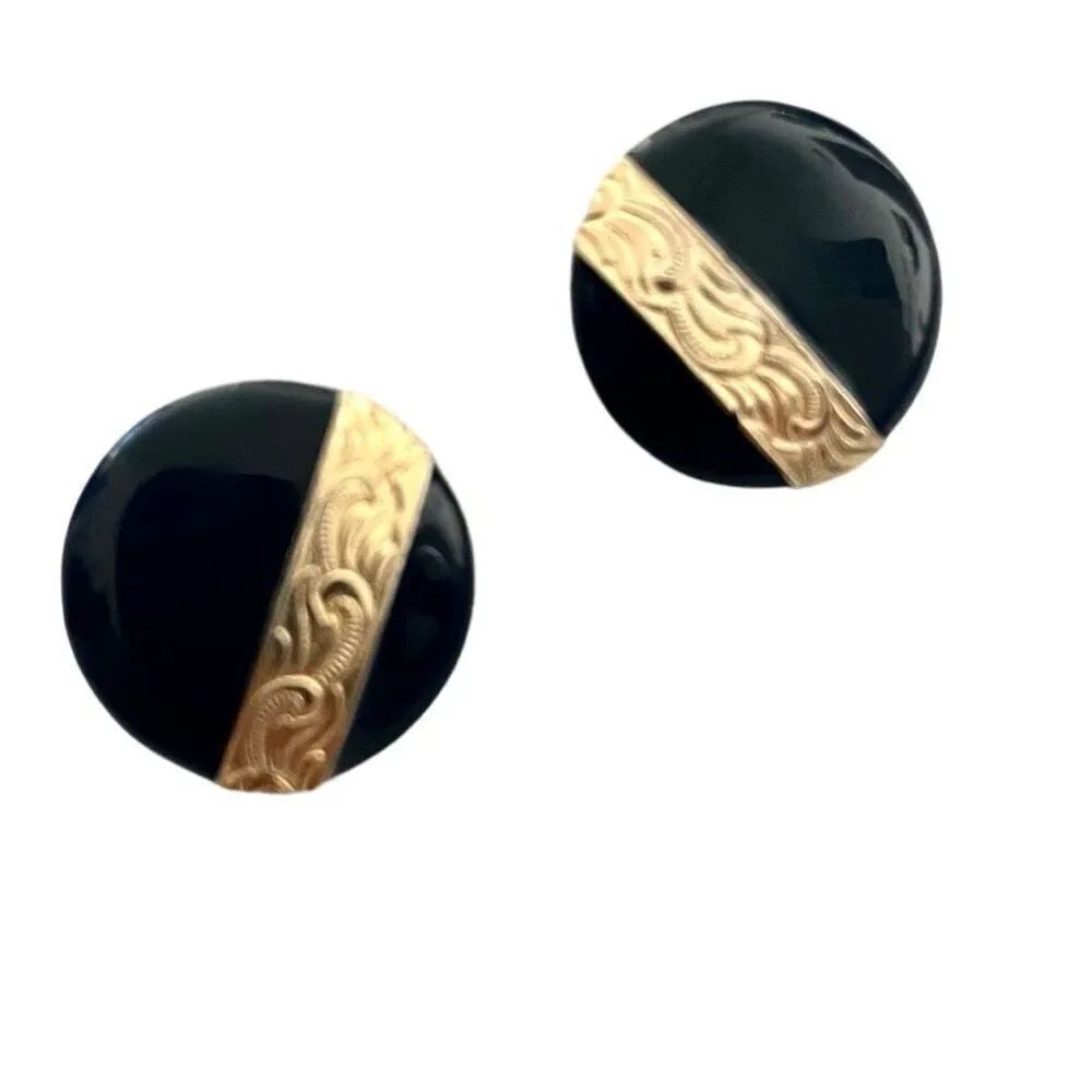 Black gold tone circle  post earrings